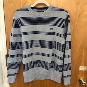 Chaps Men’s Crew Neck Cotton navy gray Stripe Pullover Sweater Sz Medium